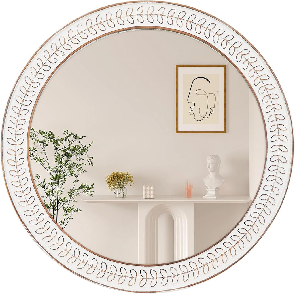 Farmhouse White Round Mirror — 24" — Leaf White