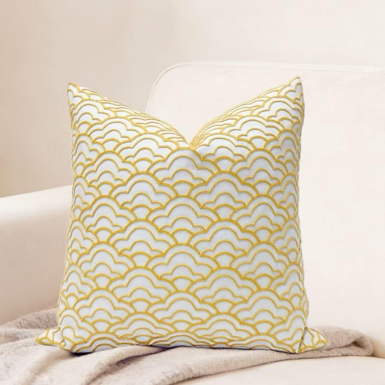 Embroidered Boho Beige Throw Pillow Cover — 18" — Yellow Ice Cream