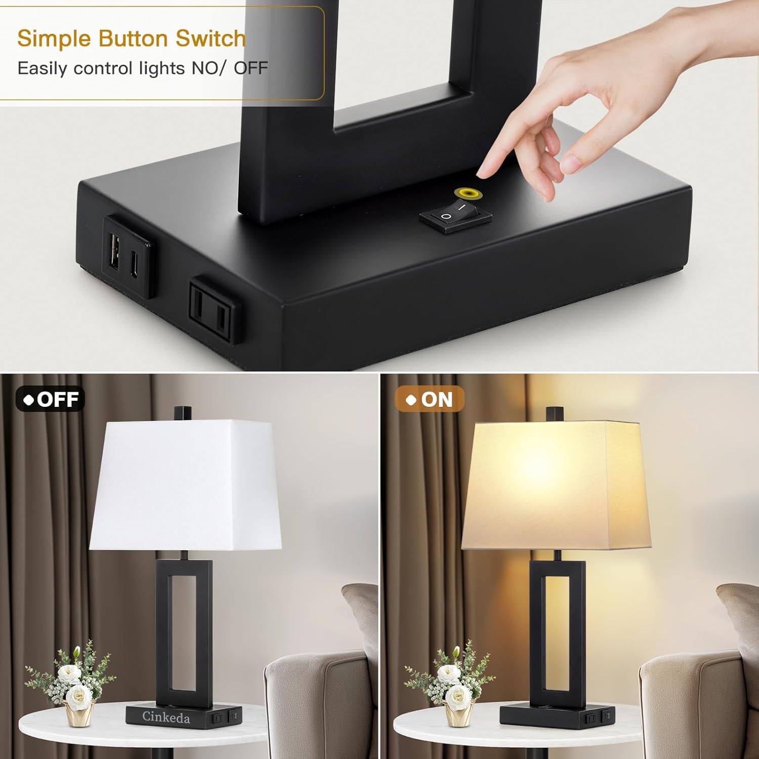 USB Modern Black Bedside Lamp — Set of 2 - View 5