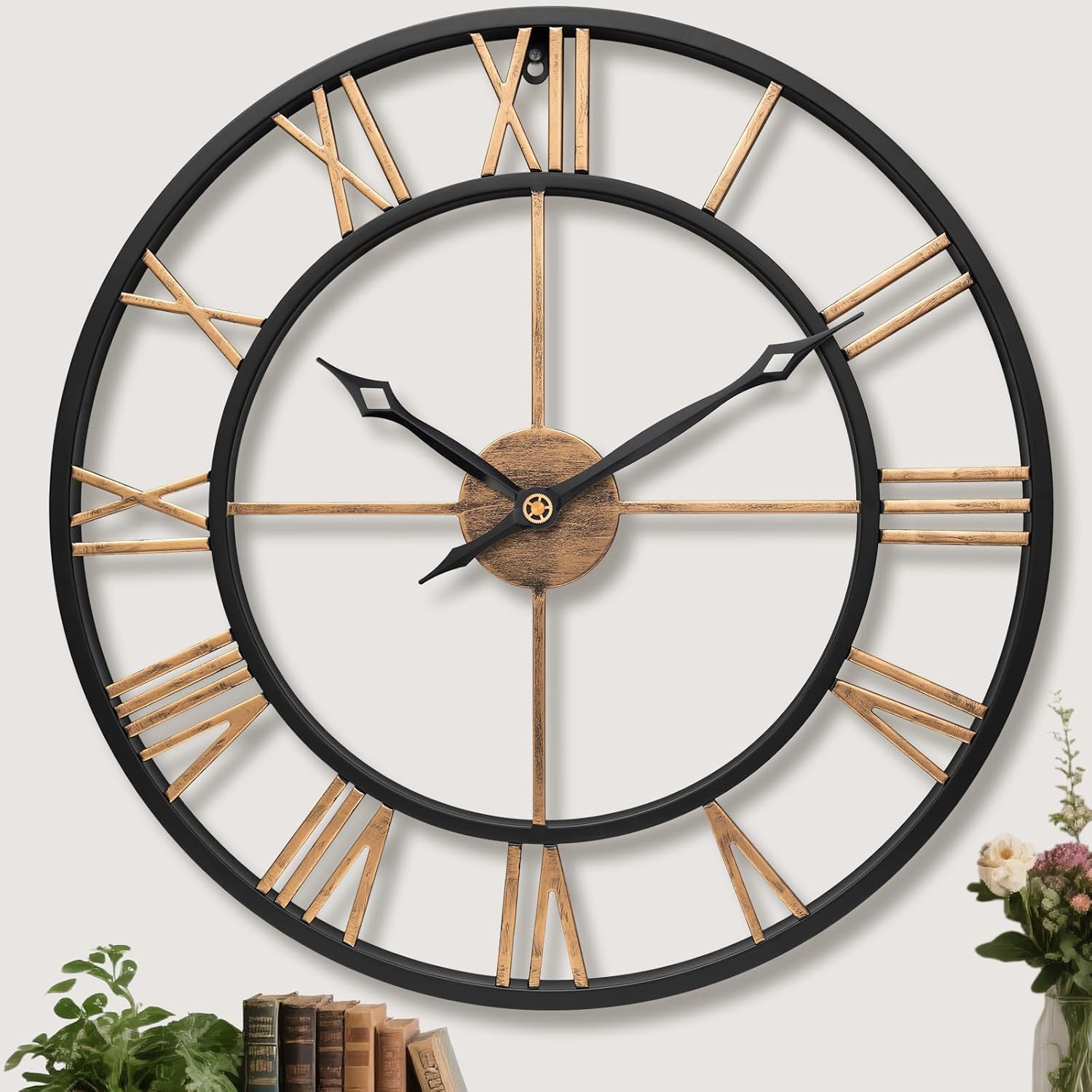 Oversized Luxe Black Wall Clock — 24" — Vintage Gold