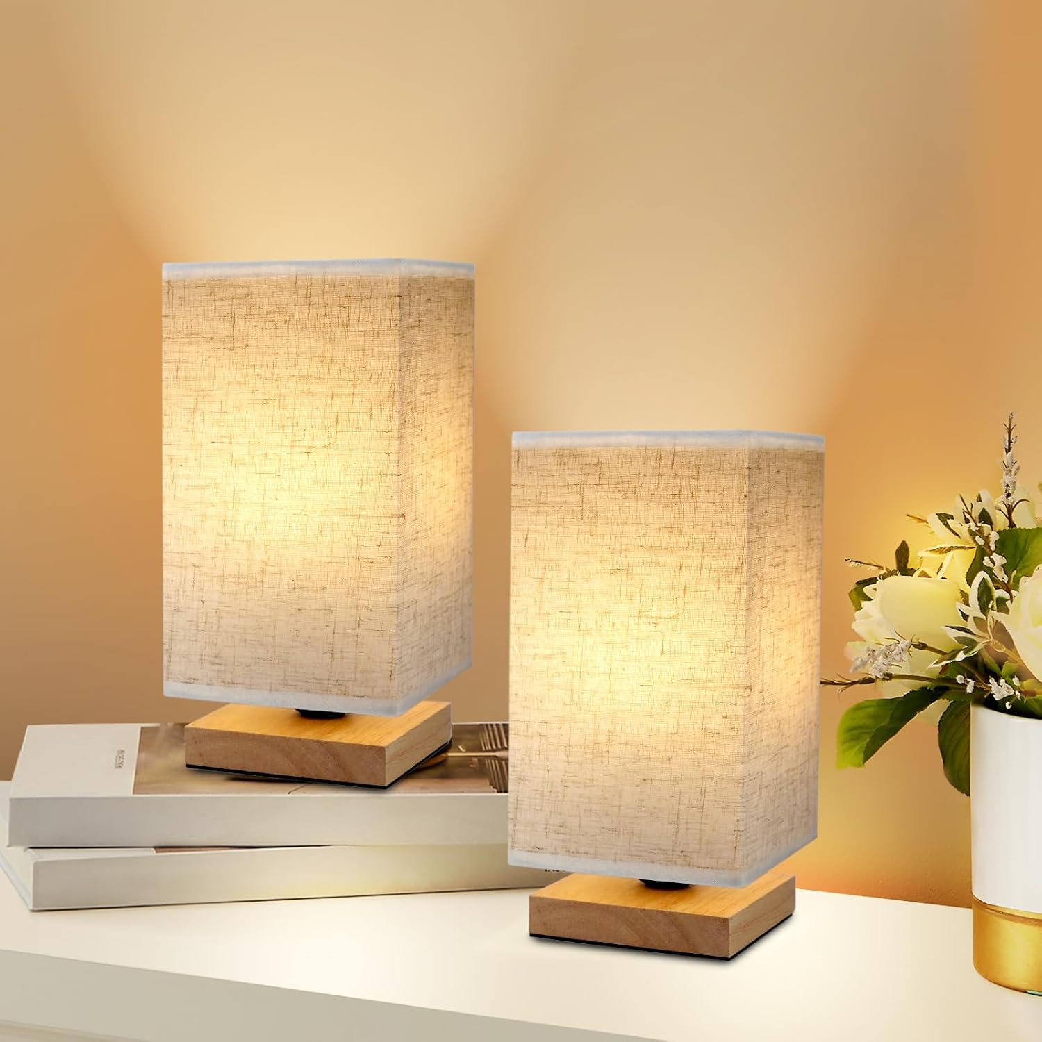 Round Boho Wood Table Lamp — Set of 1 — Square - Set of 2