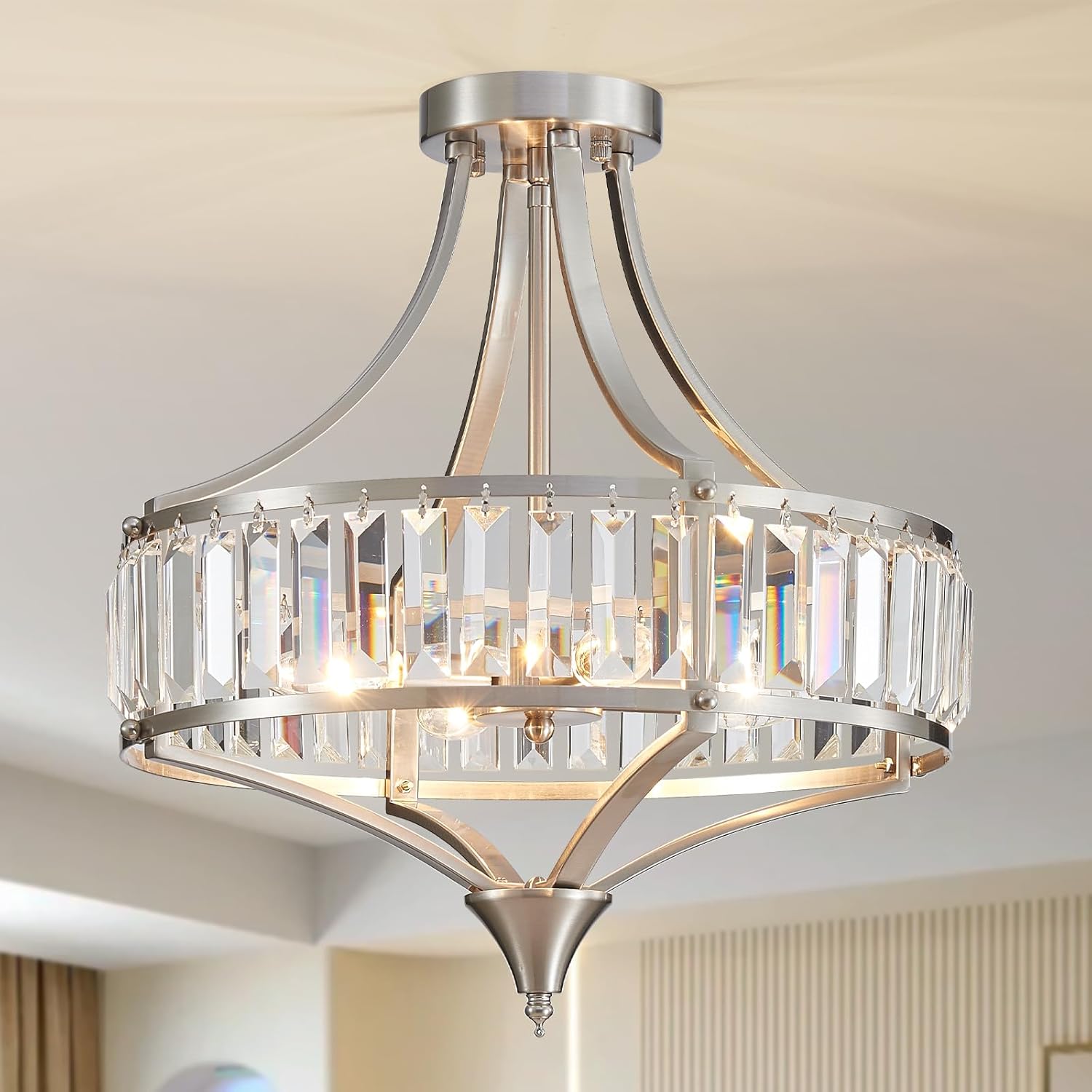 Round Farmhouse Black Chandelier — 6-Light — 15.7” Brushed Nickel Ceiling