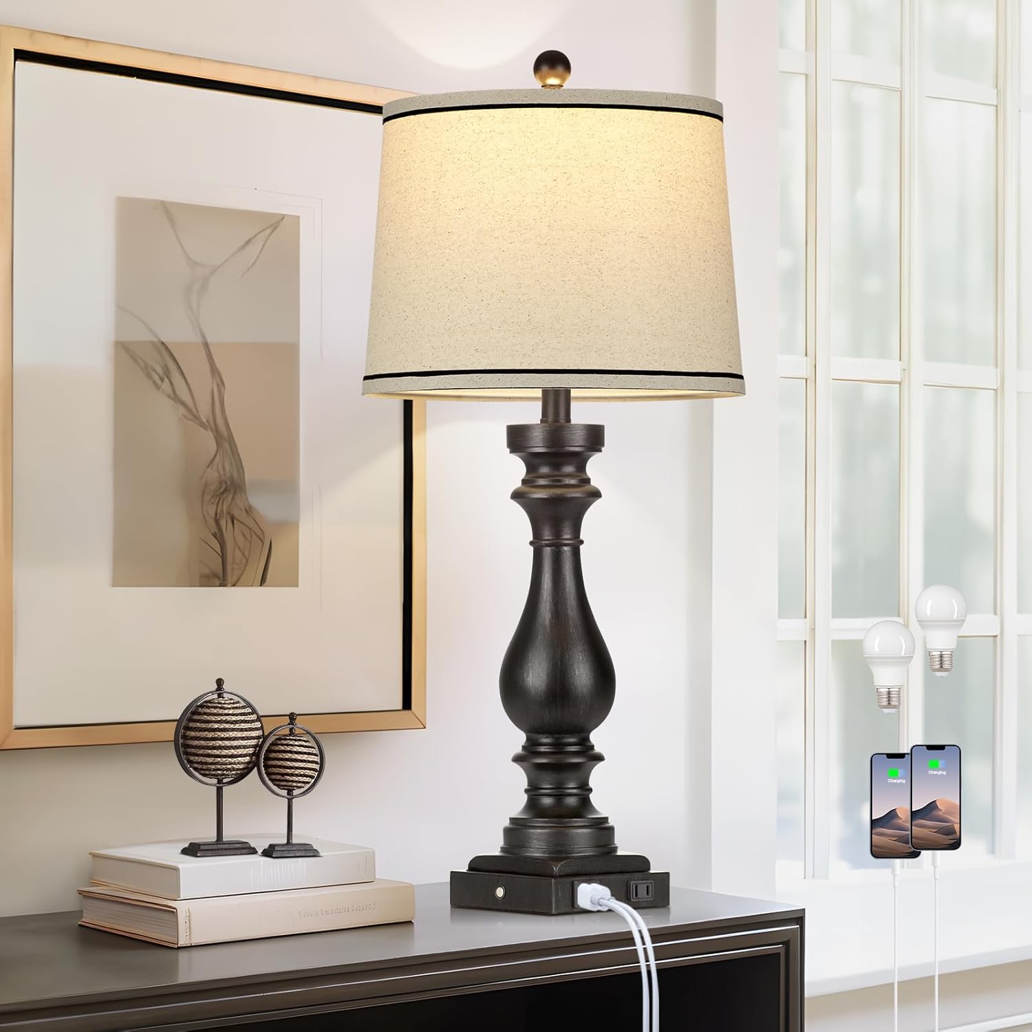 Dimmable Mid-Century Beige Nightstand Lamp — 27.5" — 1Pack Black