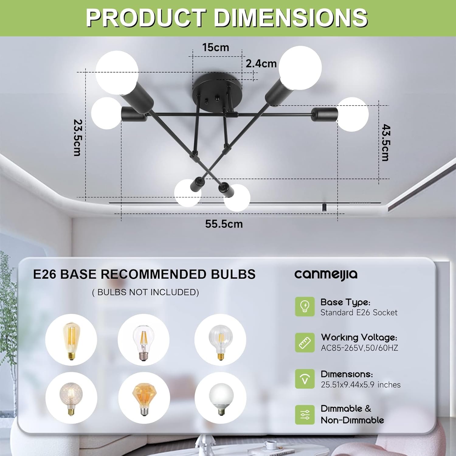 Mid-Century Black Chandelier — 6-Light - View 3