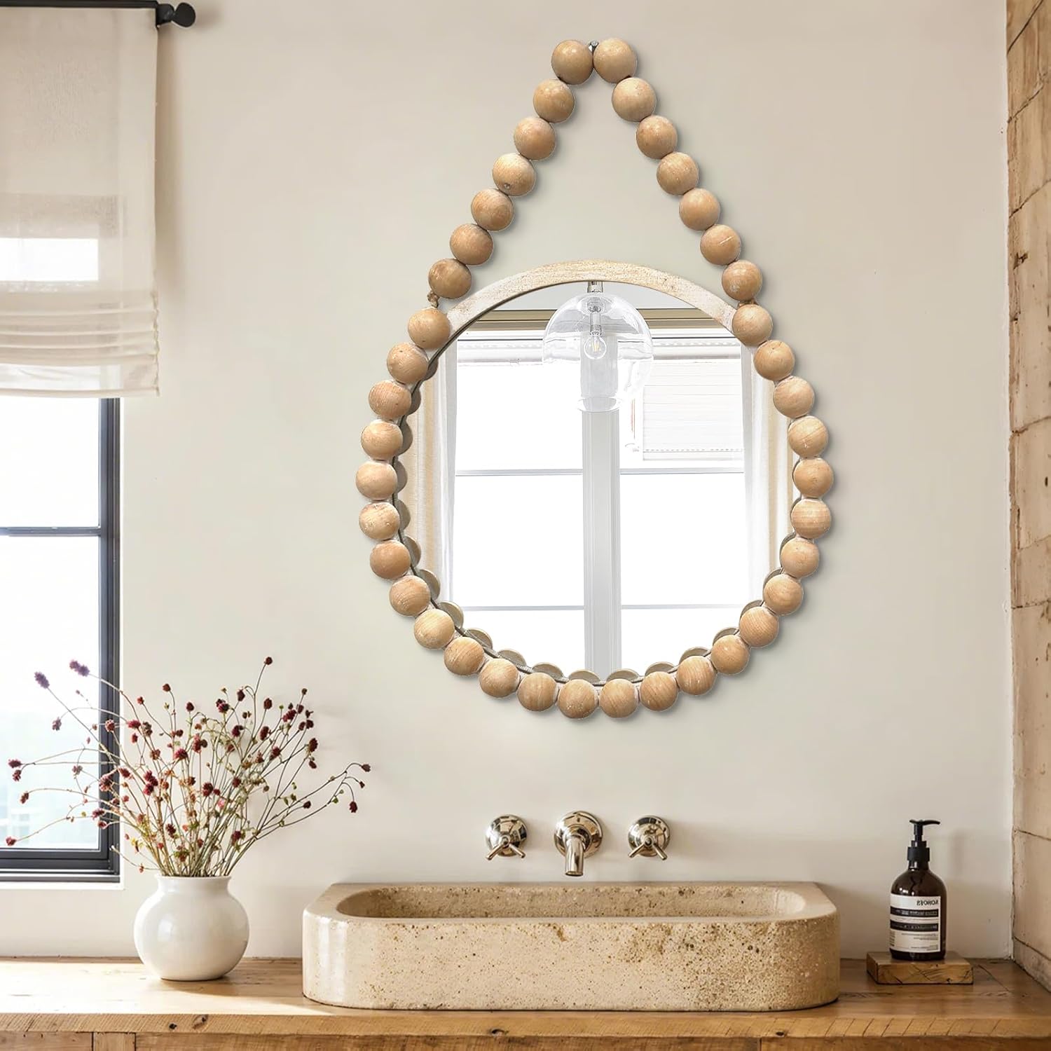 Round Farmhouse Beige Wall Mirror — 15" — Natural Wood