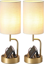USB Charging Modern Beige Bedside Lamp — Set of 2 — Gold