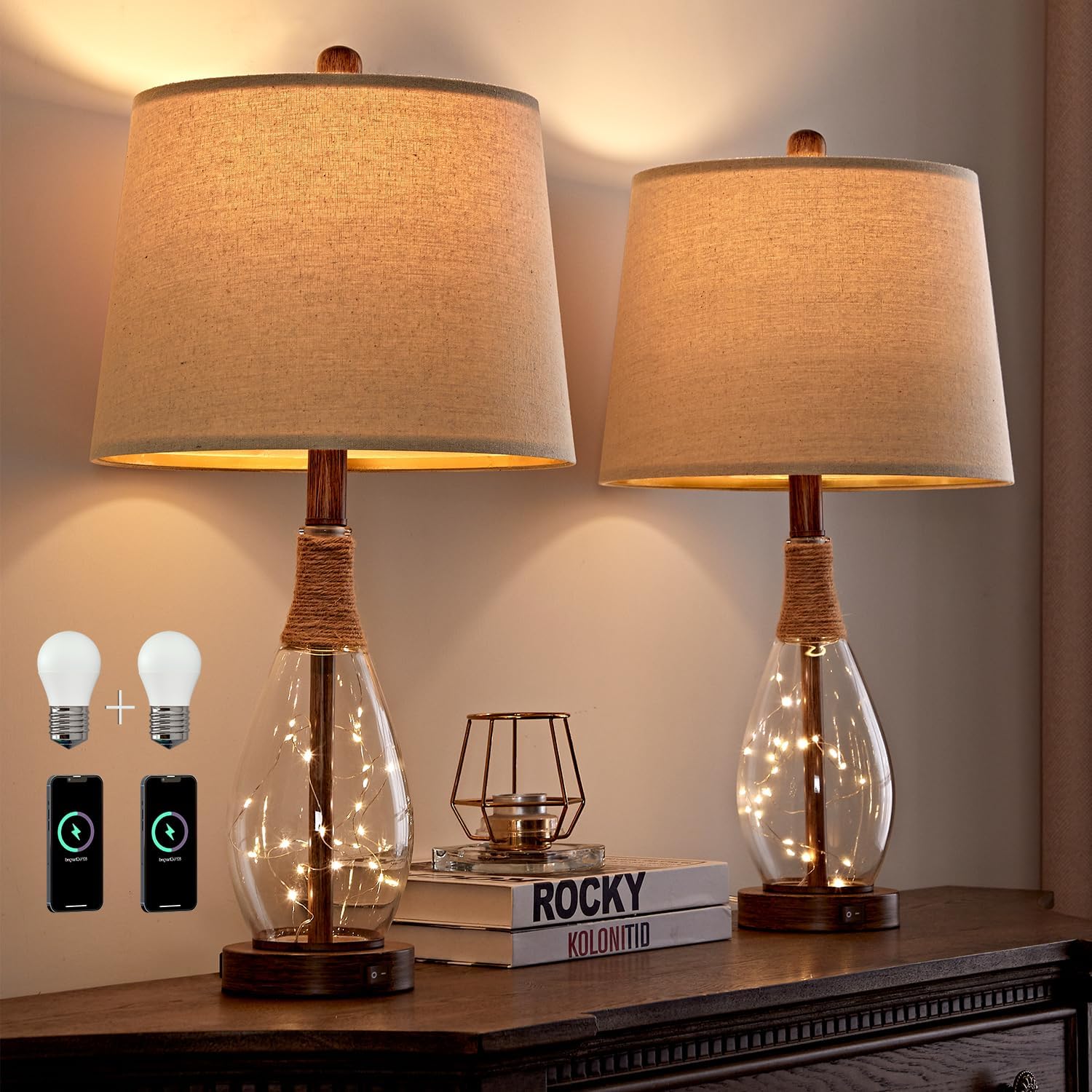 USB Boho Black Bedside Lamp — Set of 2 — Wood-Like