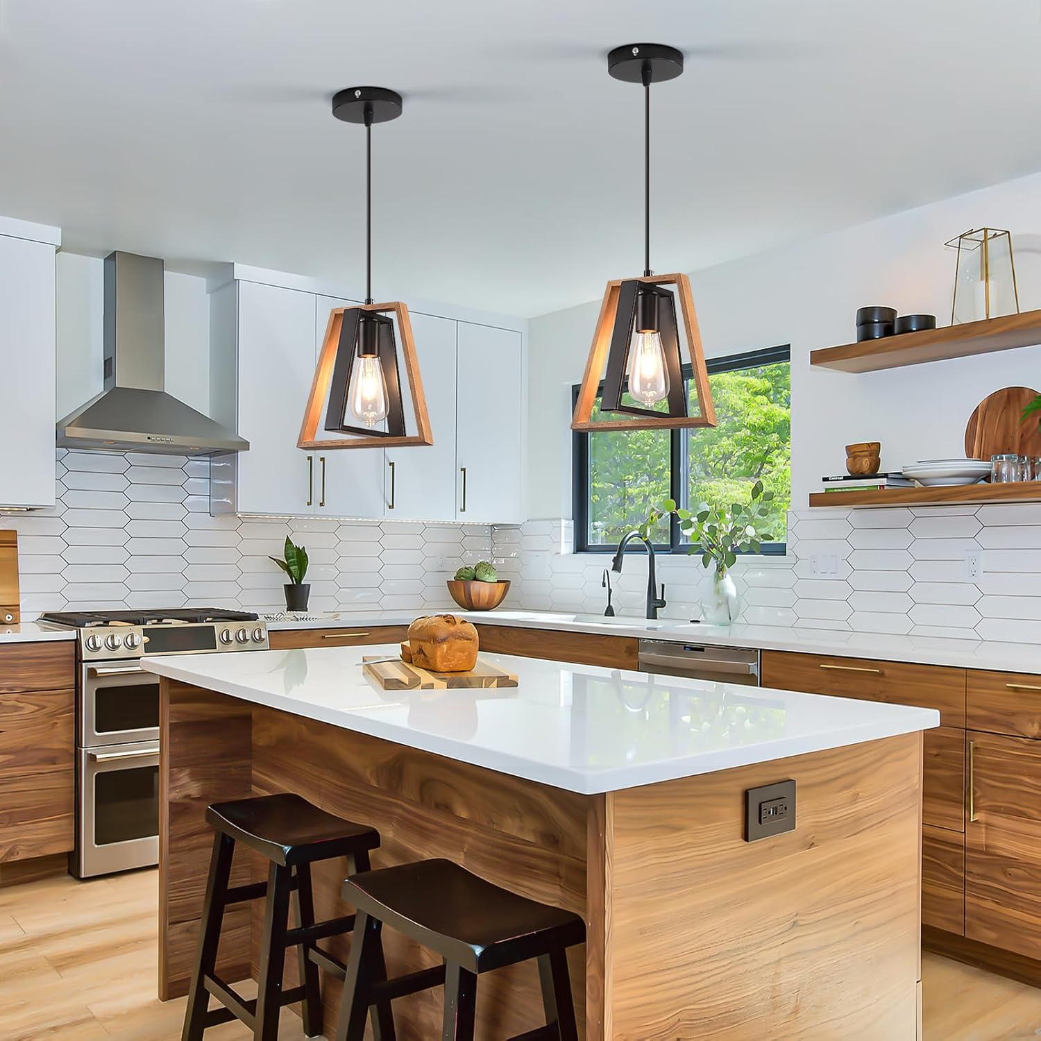 Farmhouse Beige Chandelier — 10-Light — Brown Triangular Wood