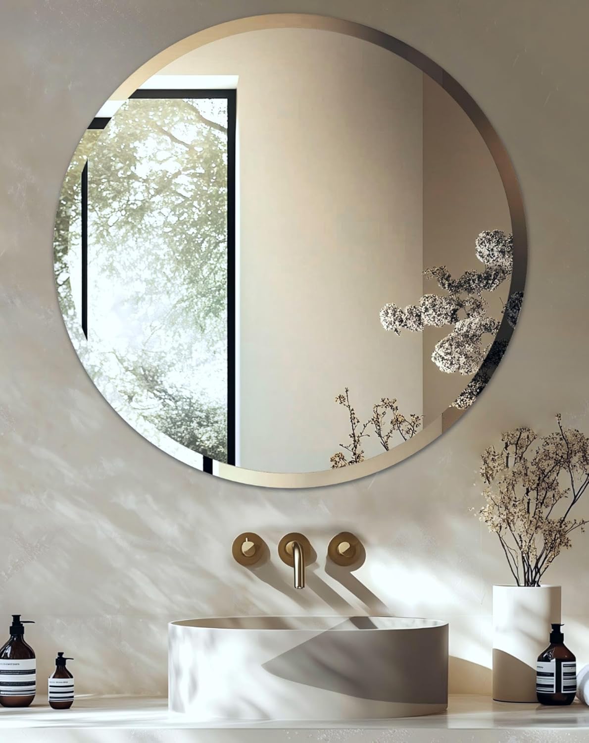 Beveled Beige Wall Mirror — 32" — Silver-round