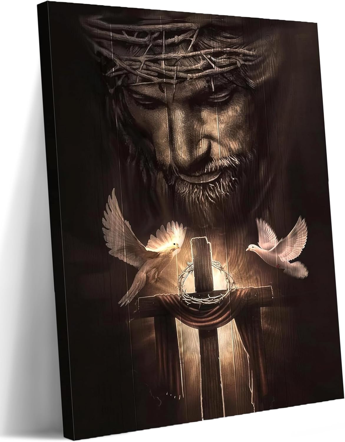 Luxe Blue Canvas Wall Art — 36" — Brown - Jesus Christ Peace Dove