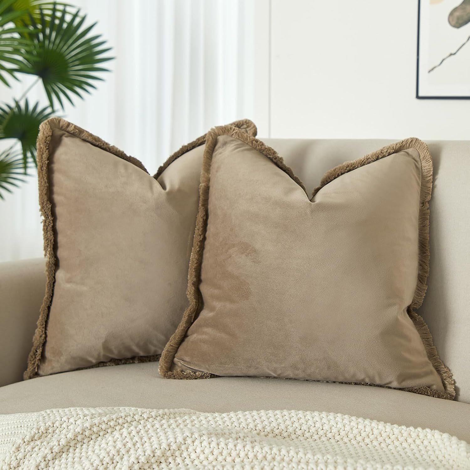 Velvet Boho Beige Throw Pillow Cover — 26" — Stone