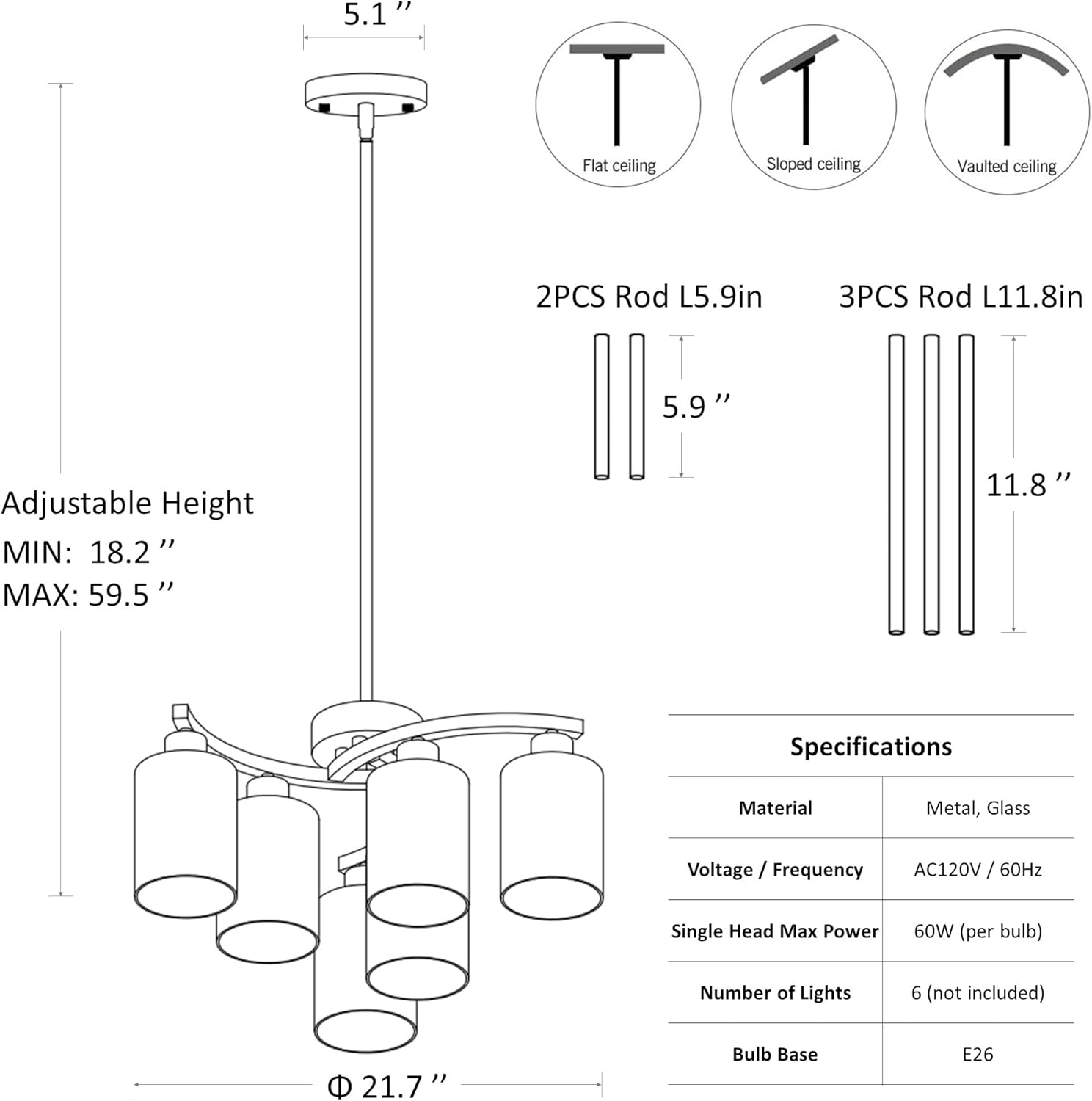 Adjustable Farmhouse Black Chandelier — 6-Light - View 6