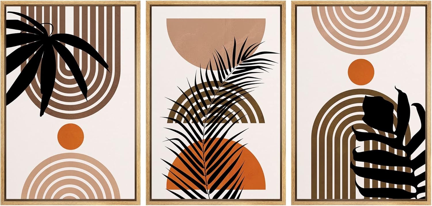 Framed Mid-Century Fabric Wall Art — 24" — 24" x 36" x 3 Panels NATURAL