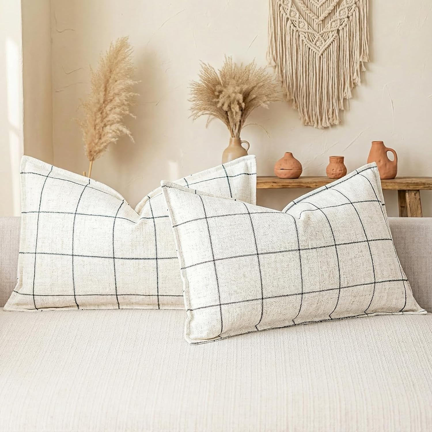 Linen Boho Beige Throw Pillow Cover — 20" — Beige & Black Plaid Lumbar Set of 2