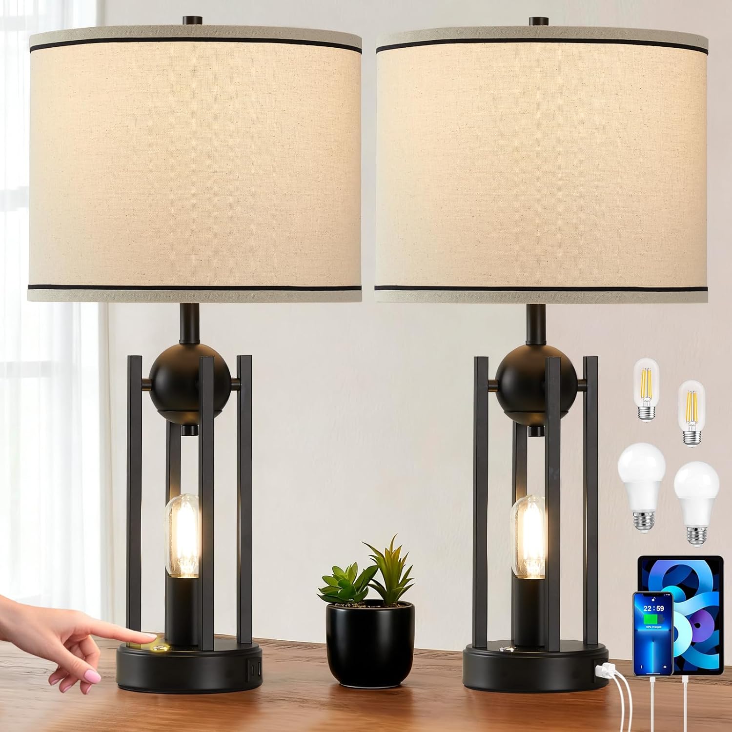USB Farmhouse Black Bedside Lamp — 25" — Black-2pcs