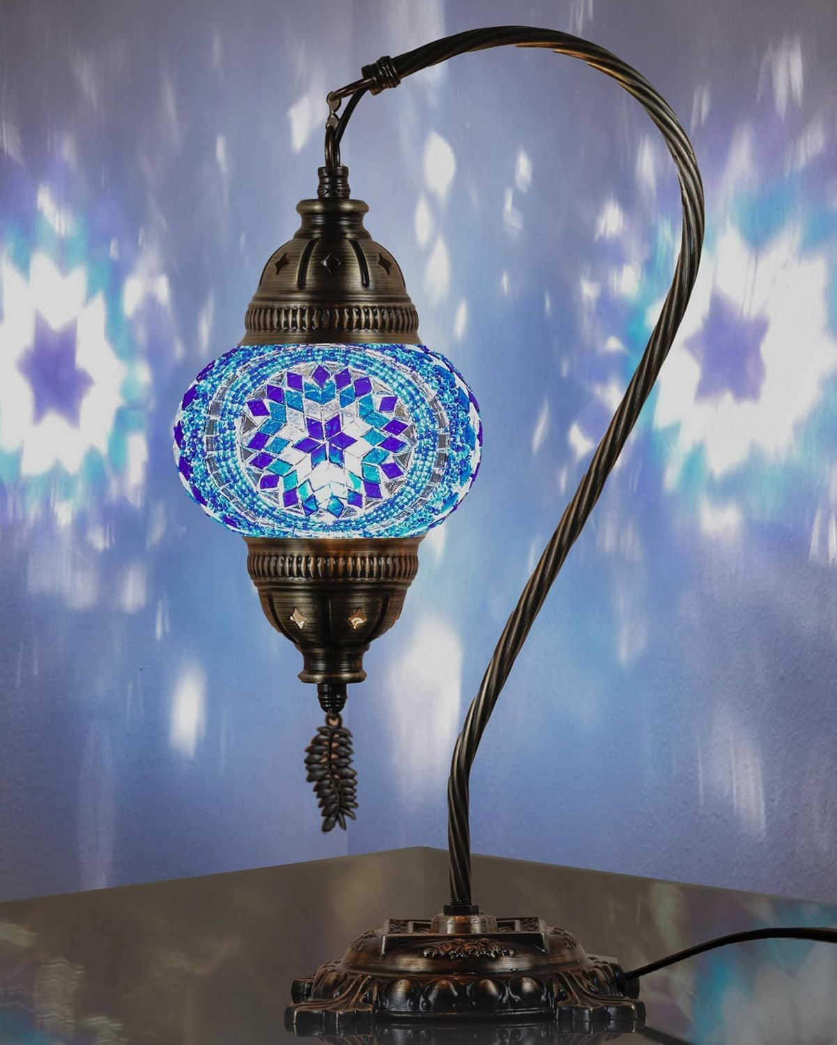 Handcrafted Boho Black Table Lamp — 15" — Blue