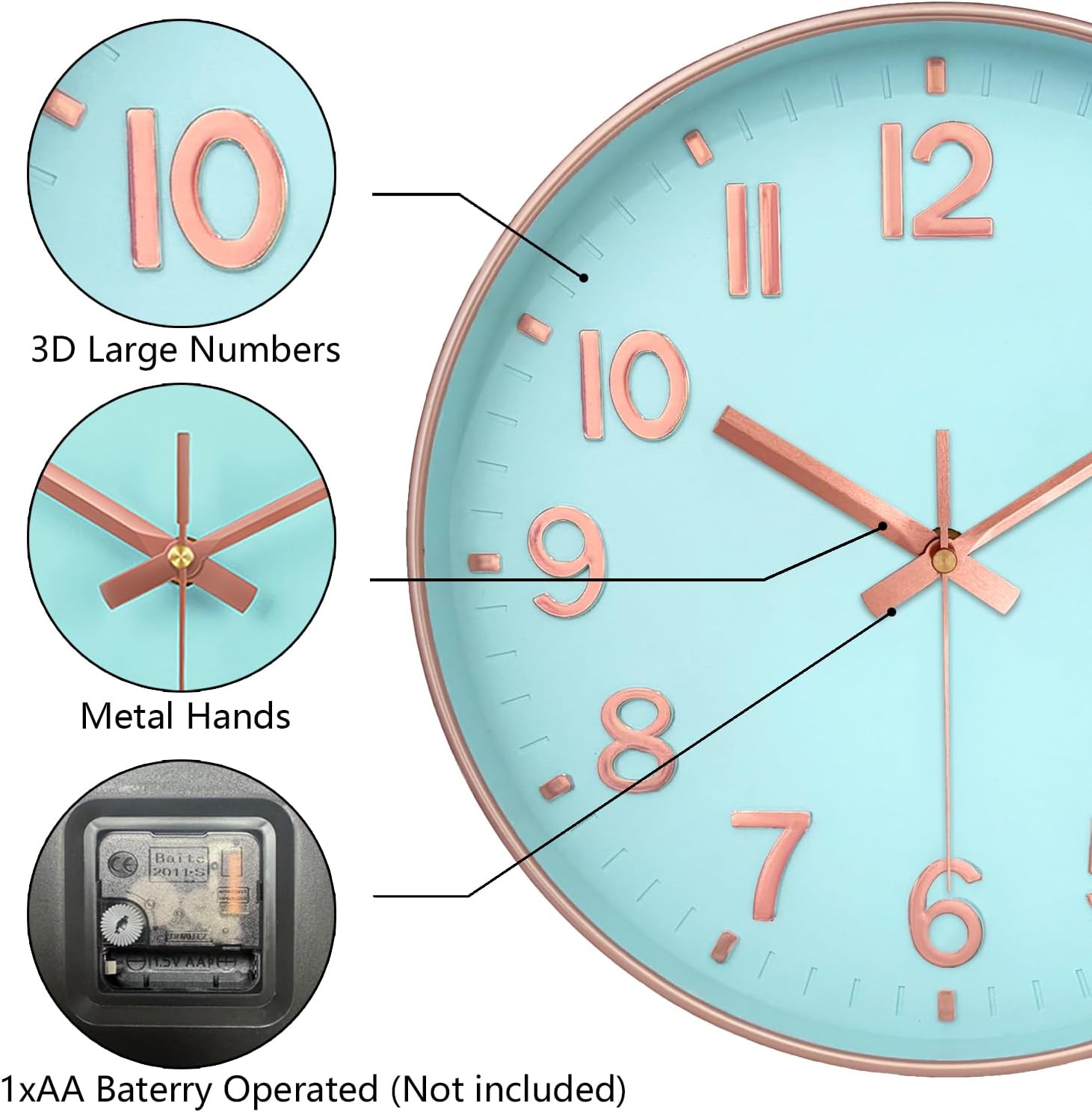 Battery Operated Black Wall Clock — 12" - View 6