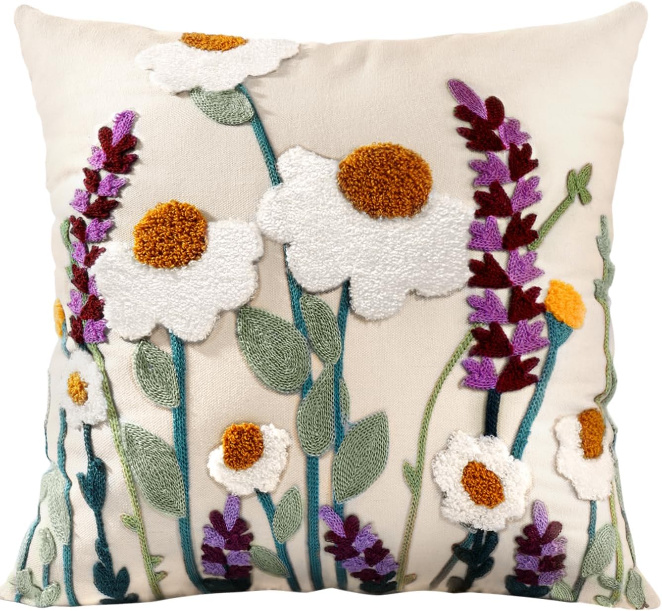 Embroidered Boho Yellow Throw Pillow Cover — 18" — Wild Floral