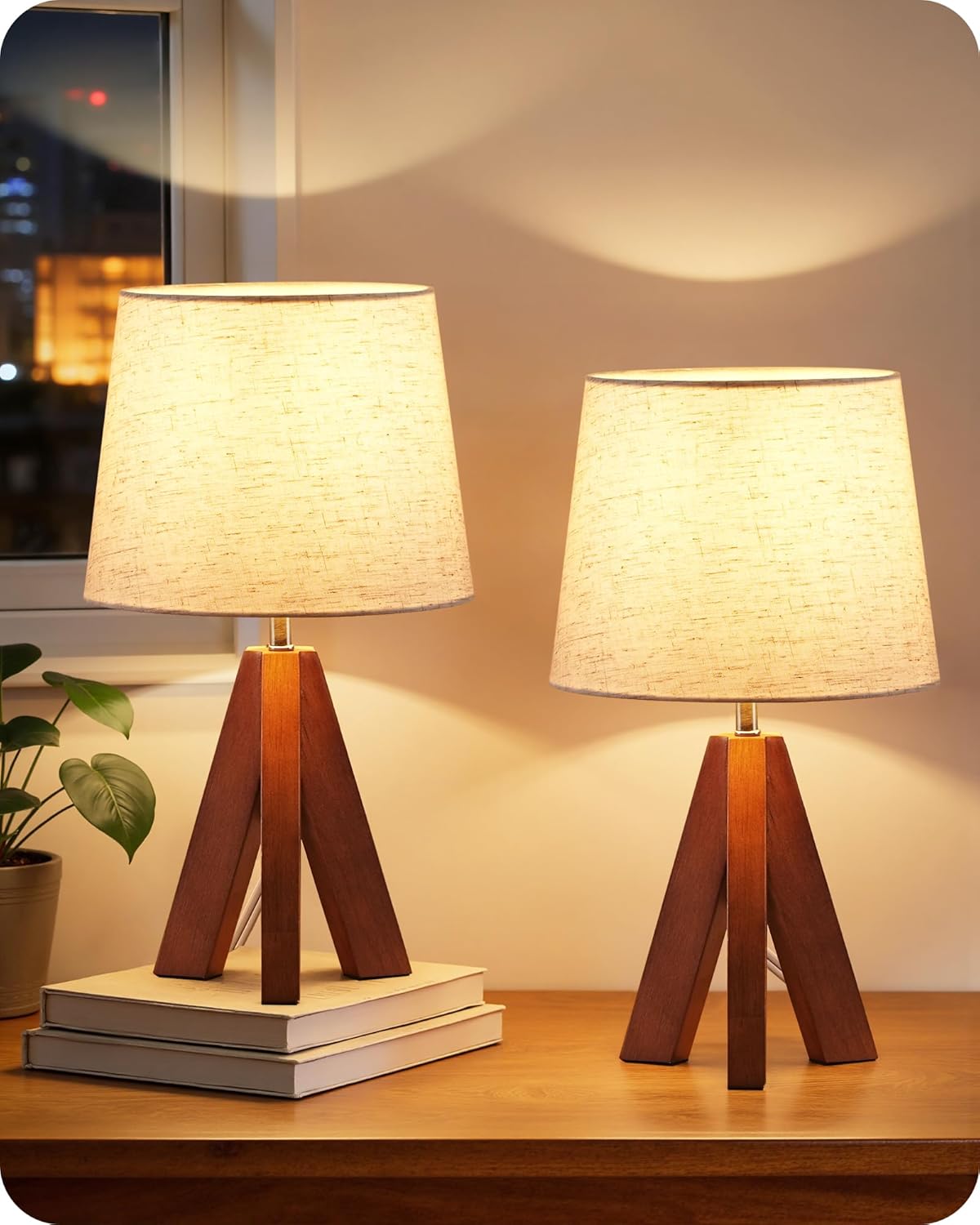 Linen Modern Beige Bedside Lamp — 6" — 2Pack Beige+Pearwood