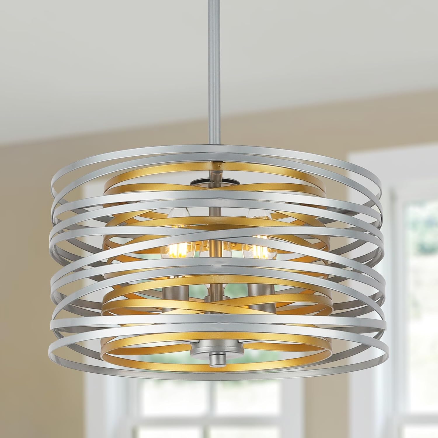 Round Farmhouse Black Chandelier — 6-Light — Silver with Gold Interior