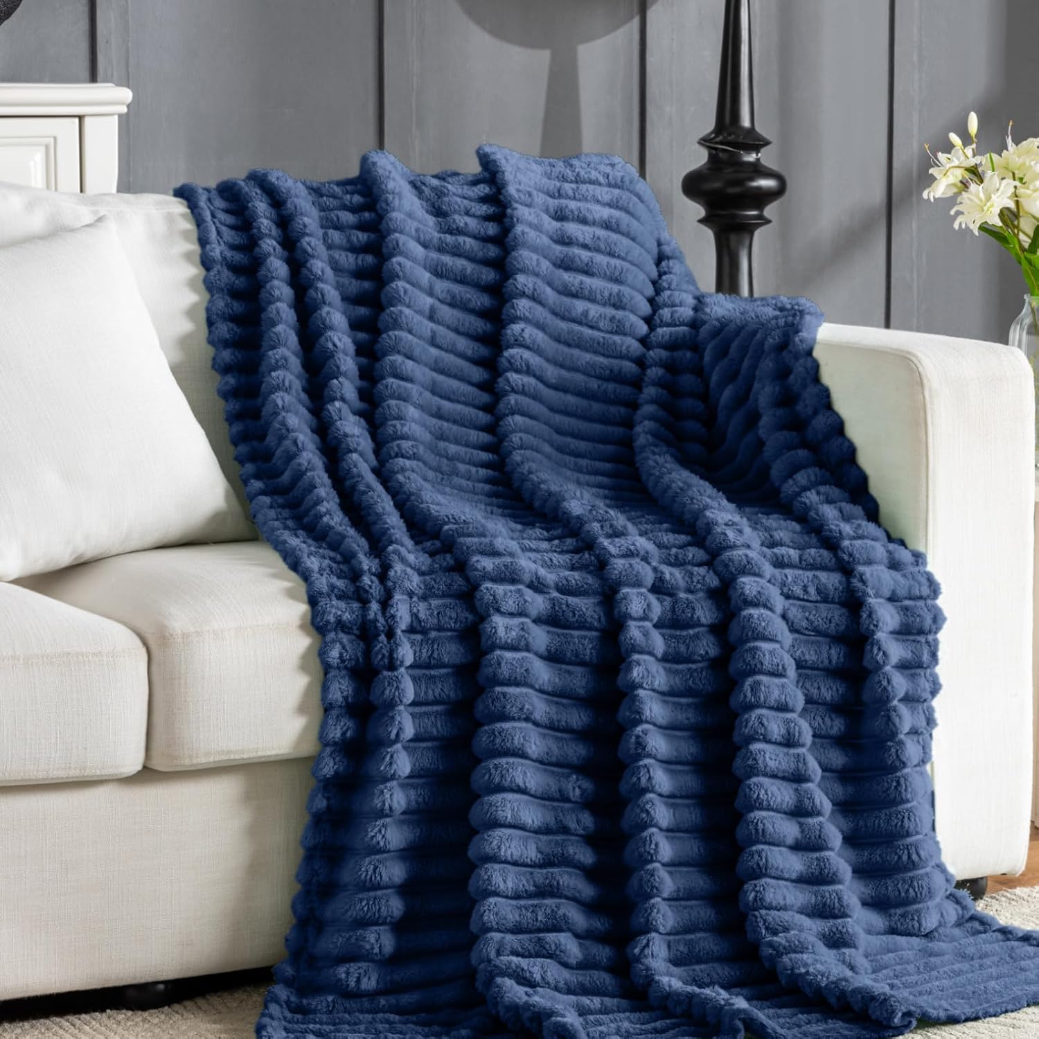 Beige Throw Pillow — 50" — Striped-navy