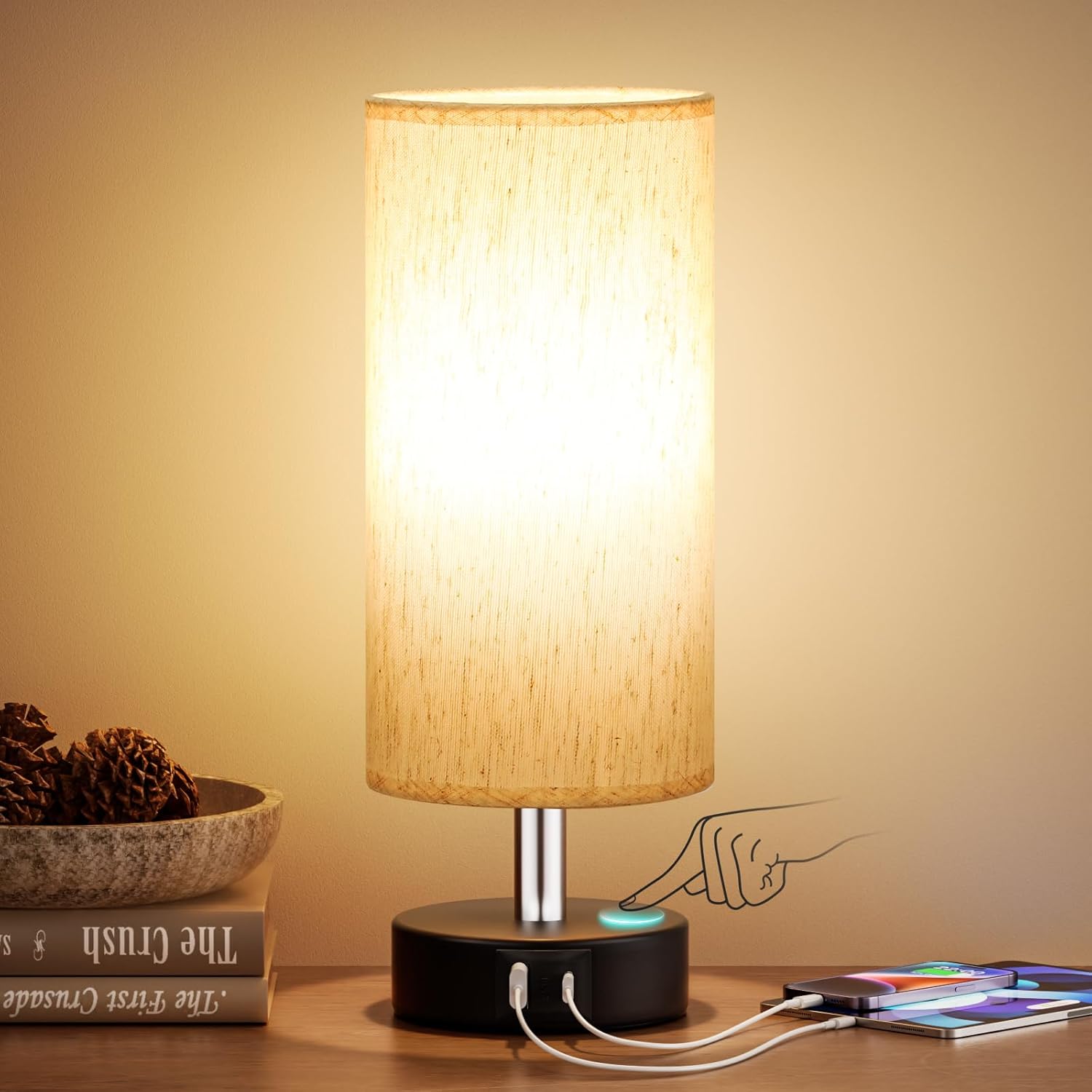 Modern Beige Bedside Lamp — 11.6" — Cream Shade-Black Base with Bulb