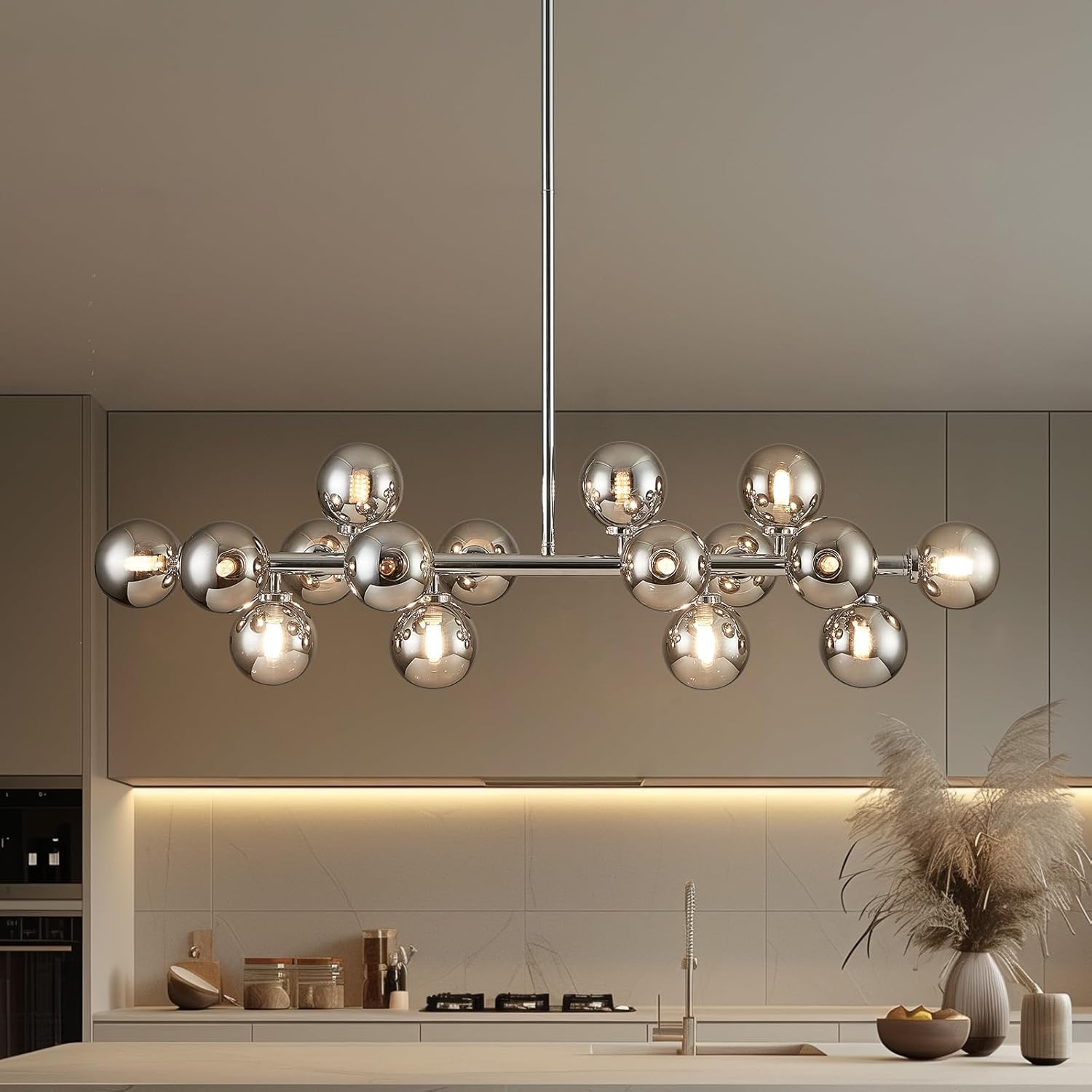 Mid-Century Black Chandelier — 16-Light — Chrome Silver (with Somke Grey Lampshade)