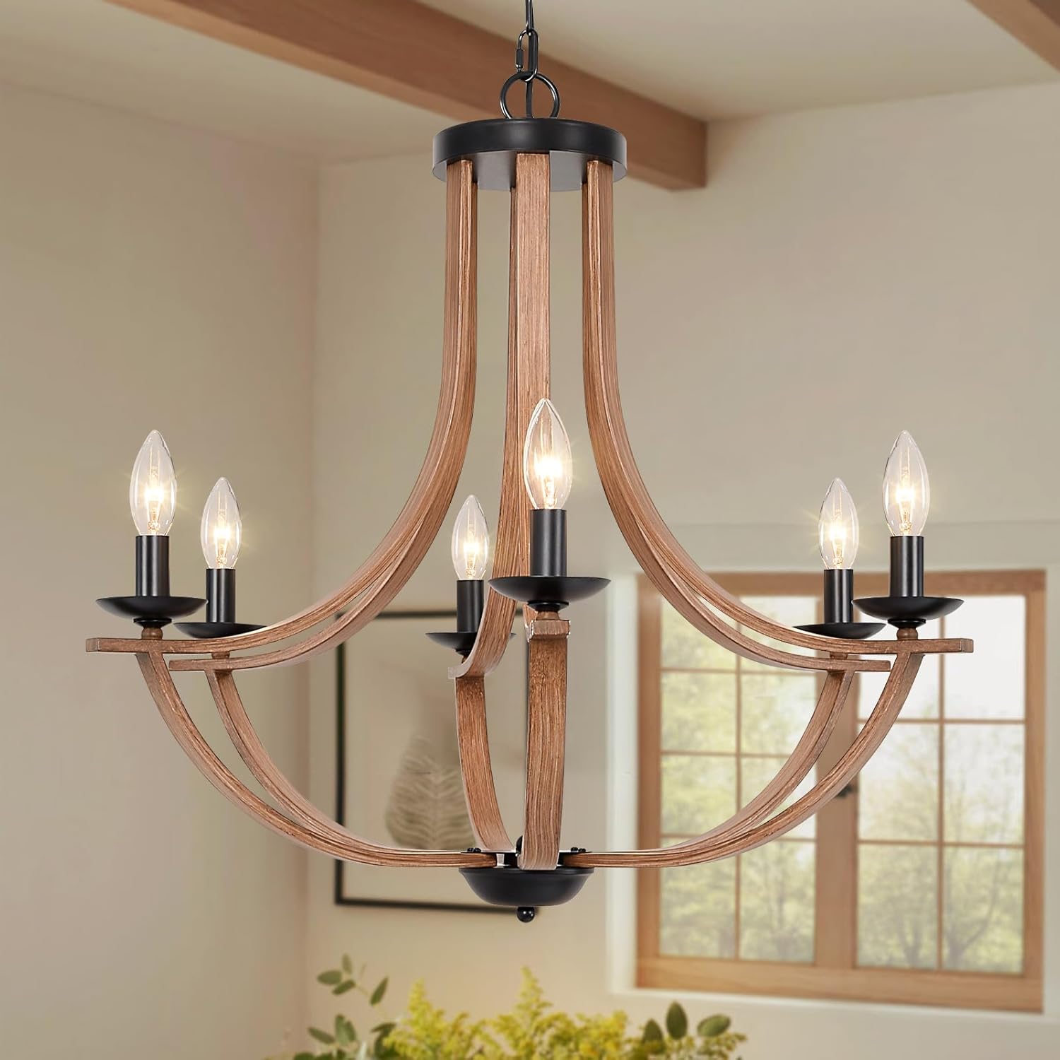 Round Farmhouse Black Chandelier — 12-Light — Wood-6 Light-E12
