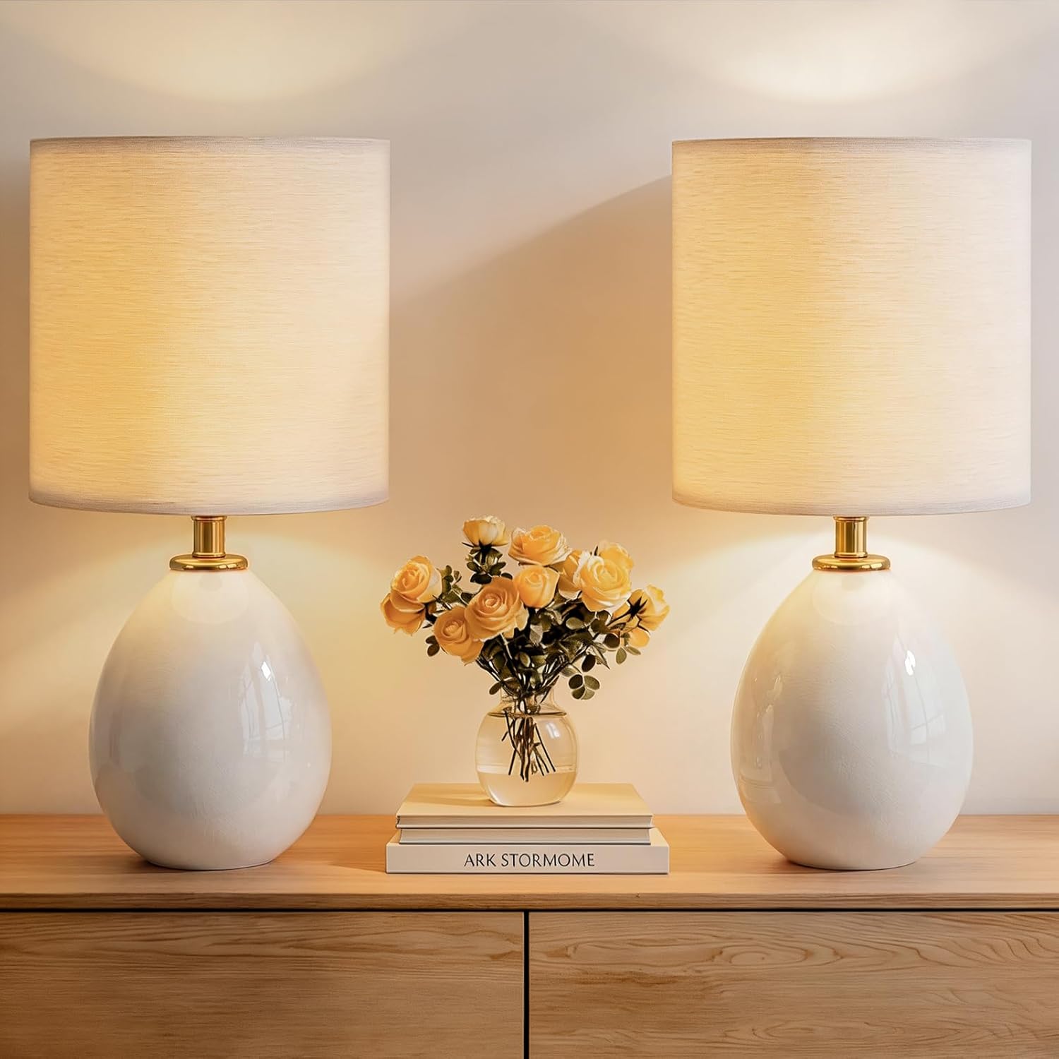 Mid-Century Beige Bedside Lamp — White