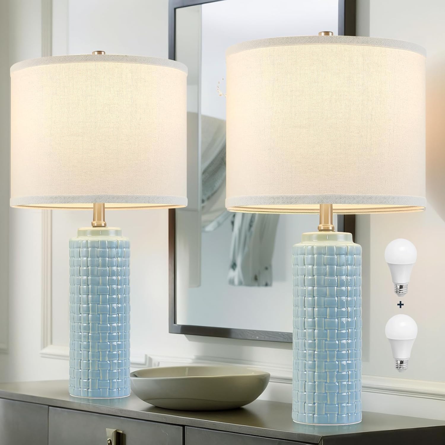 Adjustable Farmhouse Beige Bedside Lamp — 24.8" — Blue