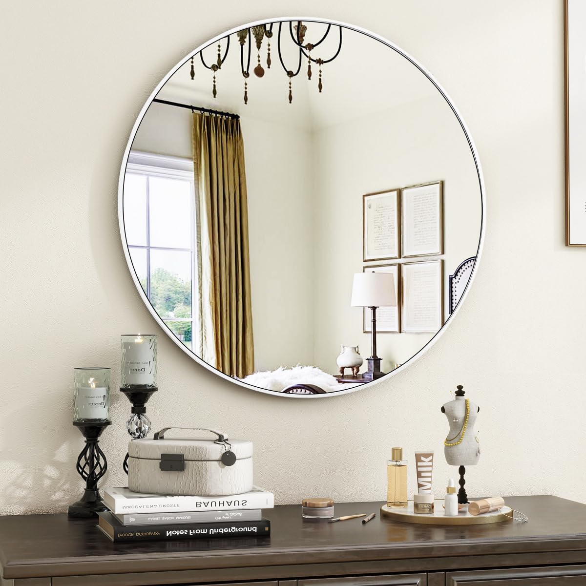 Round Modern Black Mirror — 48" — White