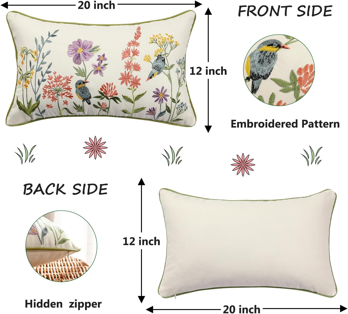 Embroidered Boho Green Throw Pillow Cover — 20" - View 2