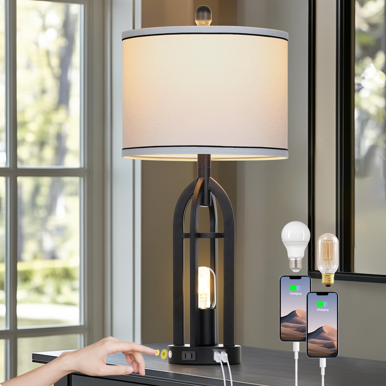 USB Farmhouse Black Bedside Lamp — 27"