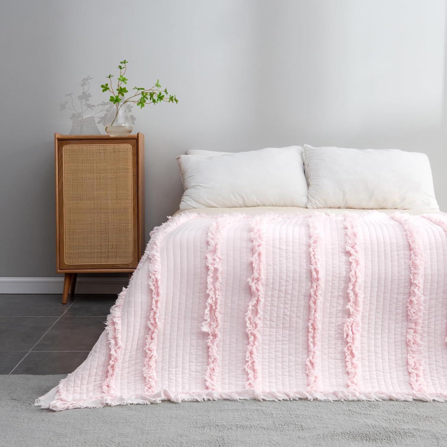 Fringed Boho Beige Throw Pillow — 50" — Baby Pink