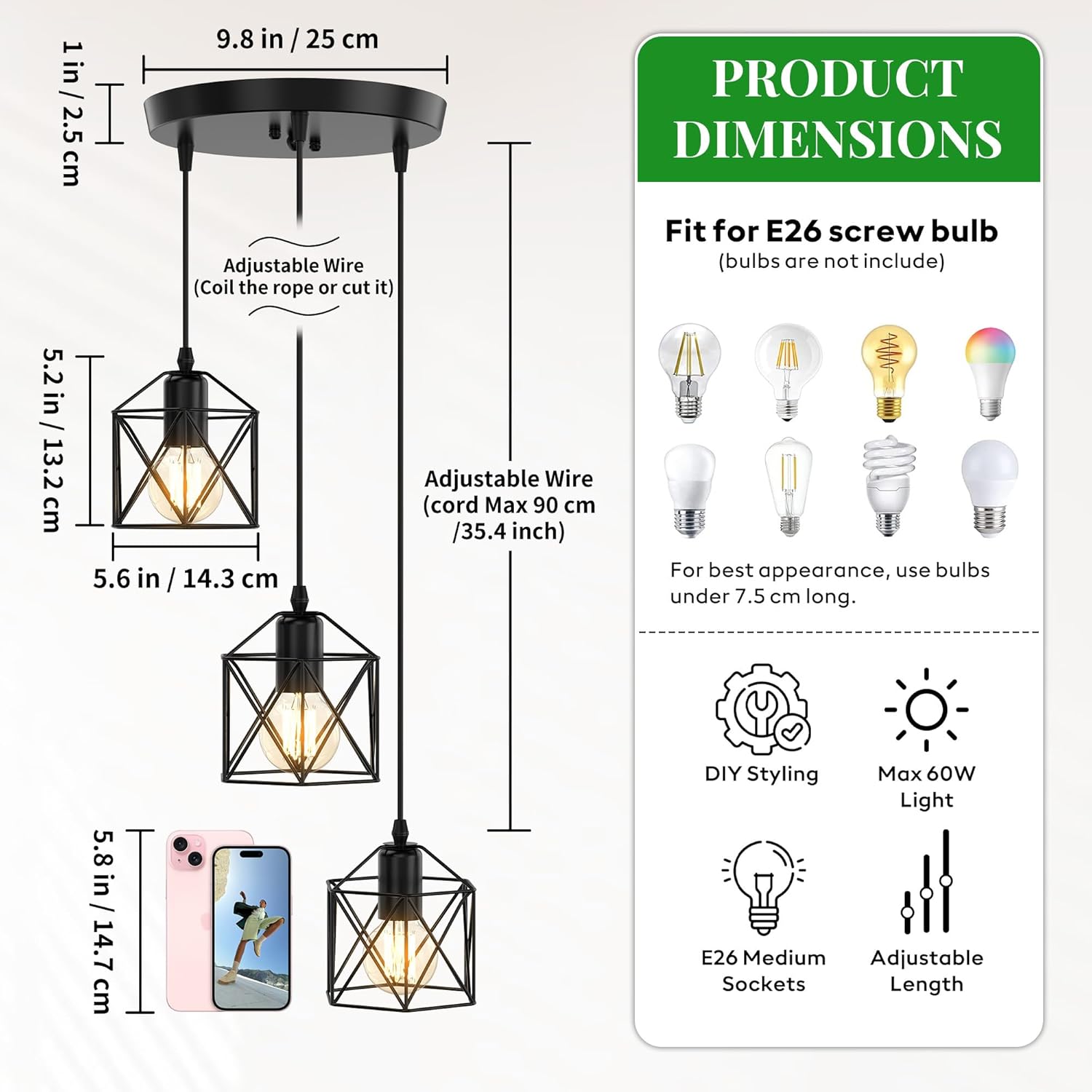 Adjustable Farmhouse Beige Pendant Light — 3-Light - View 2