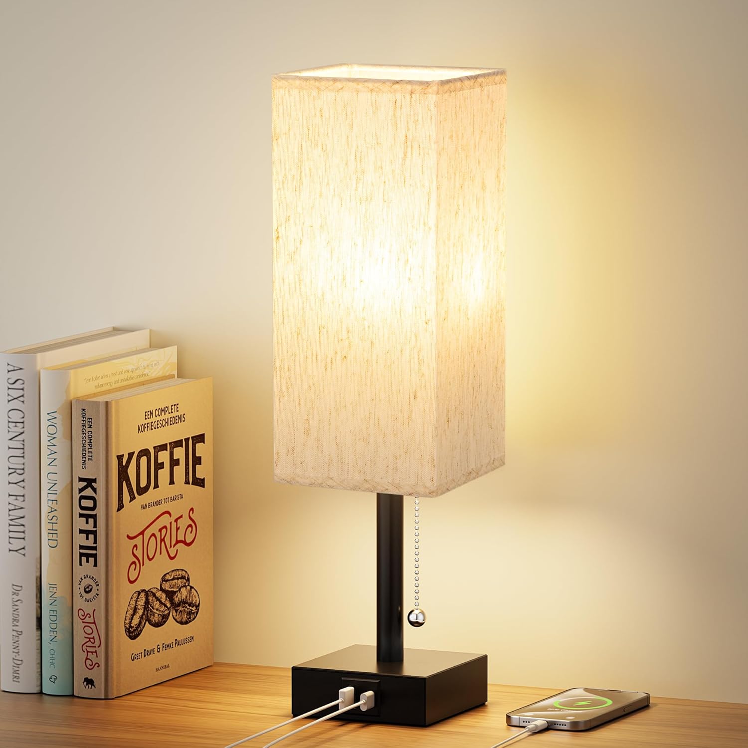 Modern Beige Bedside Lamp — Cream & Black