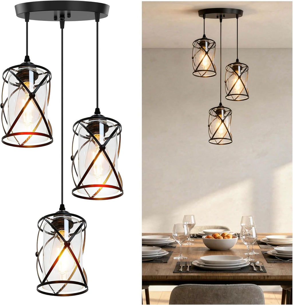 Adjustable Farmhouse Beige Pendant Light — 3-Light — X-Frame Glass Pendant - 3-Light (Black)