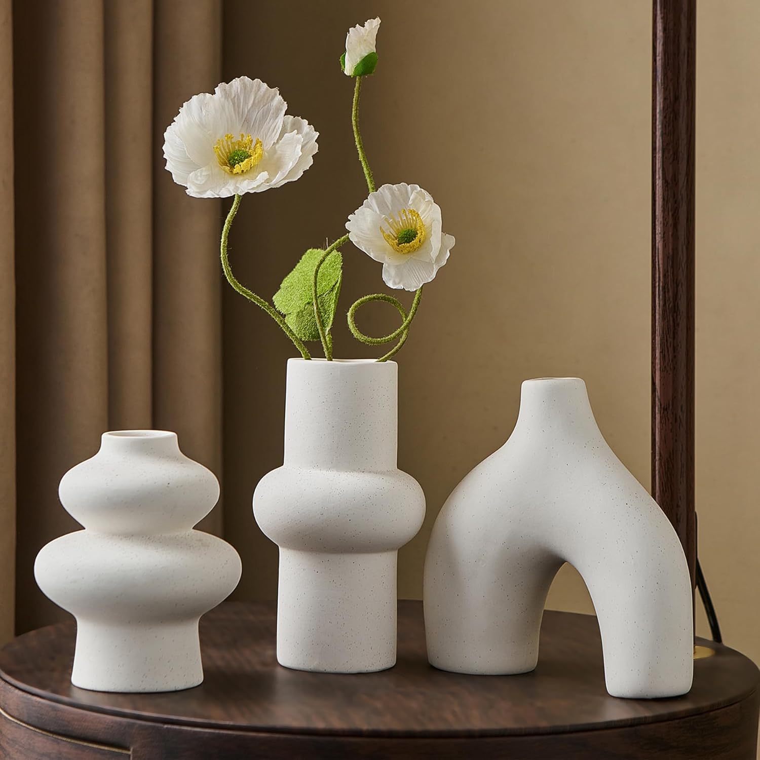 Round Boho Black Flower Vase — Set of 3 — White Vase - C