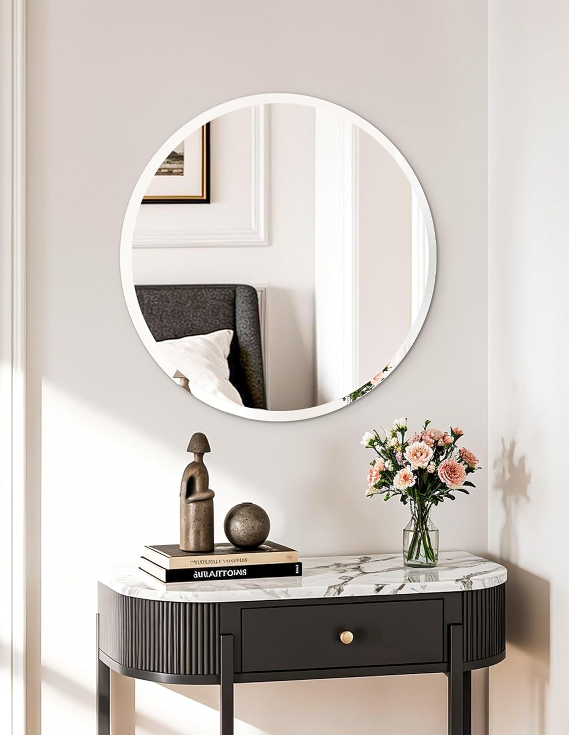 Beveled Beige Wall Mirror — 32" — Silver-round