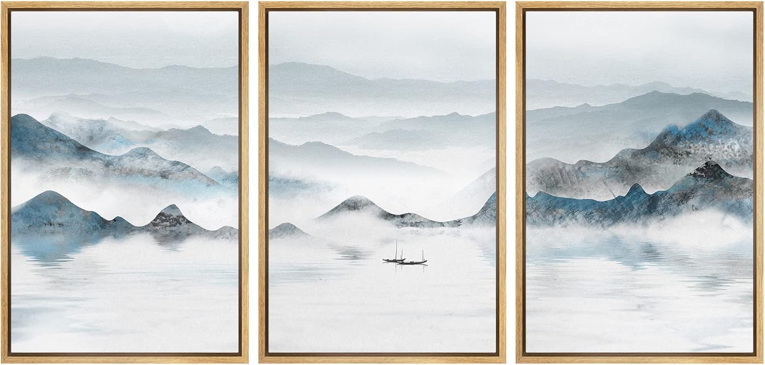 Framed Farmhouse Fabric Wall Art — 16" — 24" x 36" x 3 Panels NATURAL