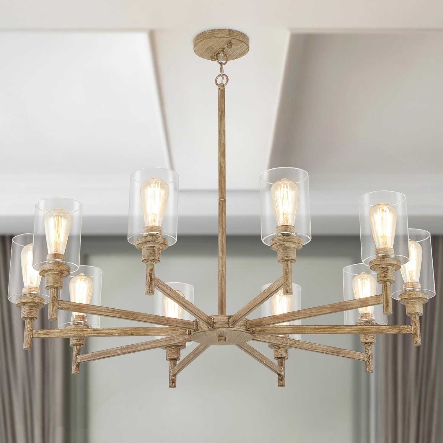 Farmhouse Black Chandelier — 34" — Faux Wood Texture