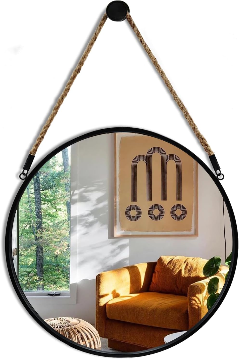 Round Farmhouse Beige Wall Mirror — 15" — Black