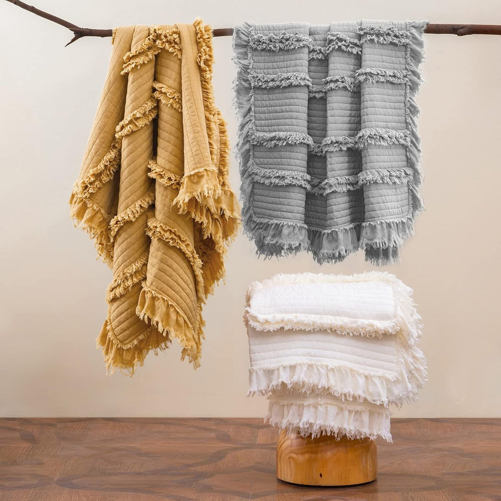 Fringed Boho Beige Throw Pillow — 50" - View 5