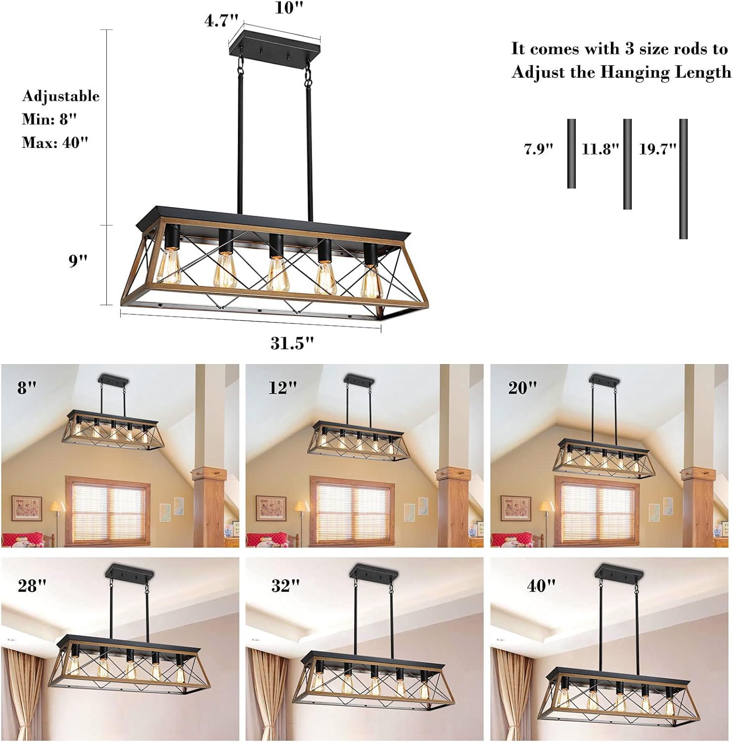 Rectangular Farmhouse Black Chandelier — 5-Light - View 5