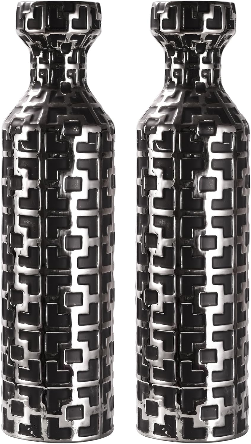 Modern Black Flower Vase — 4" — Black With Silver Set of 2