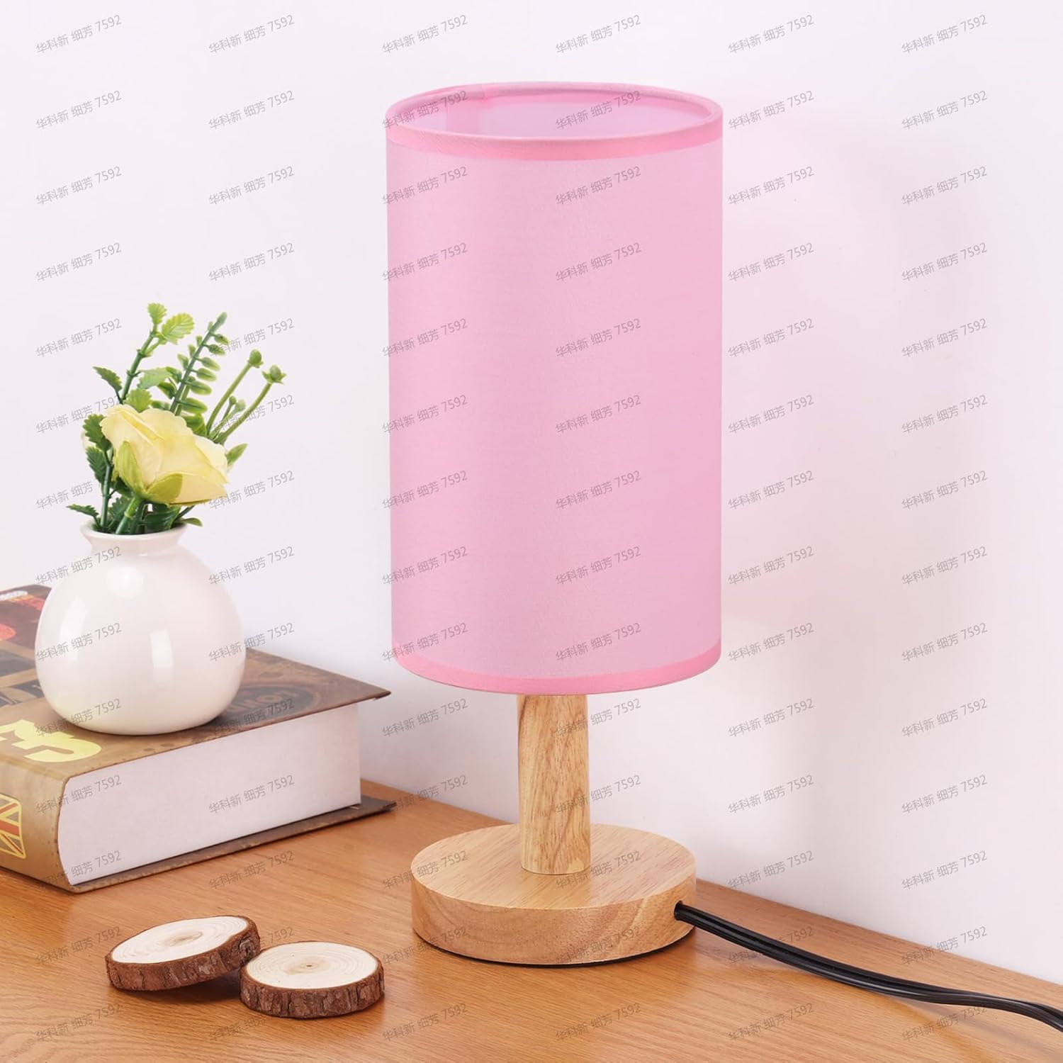 Linen Modern Fabric Desk Lamp — Set of 1 — Pink-Round-set of 1