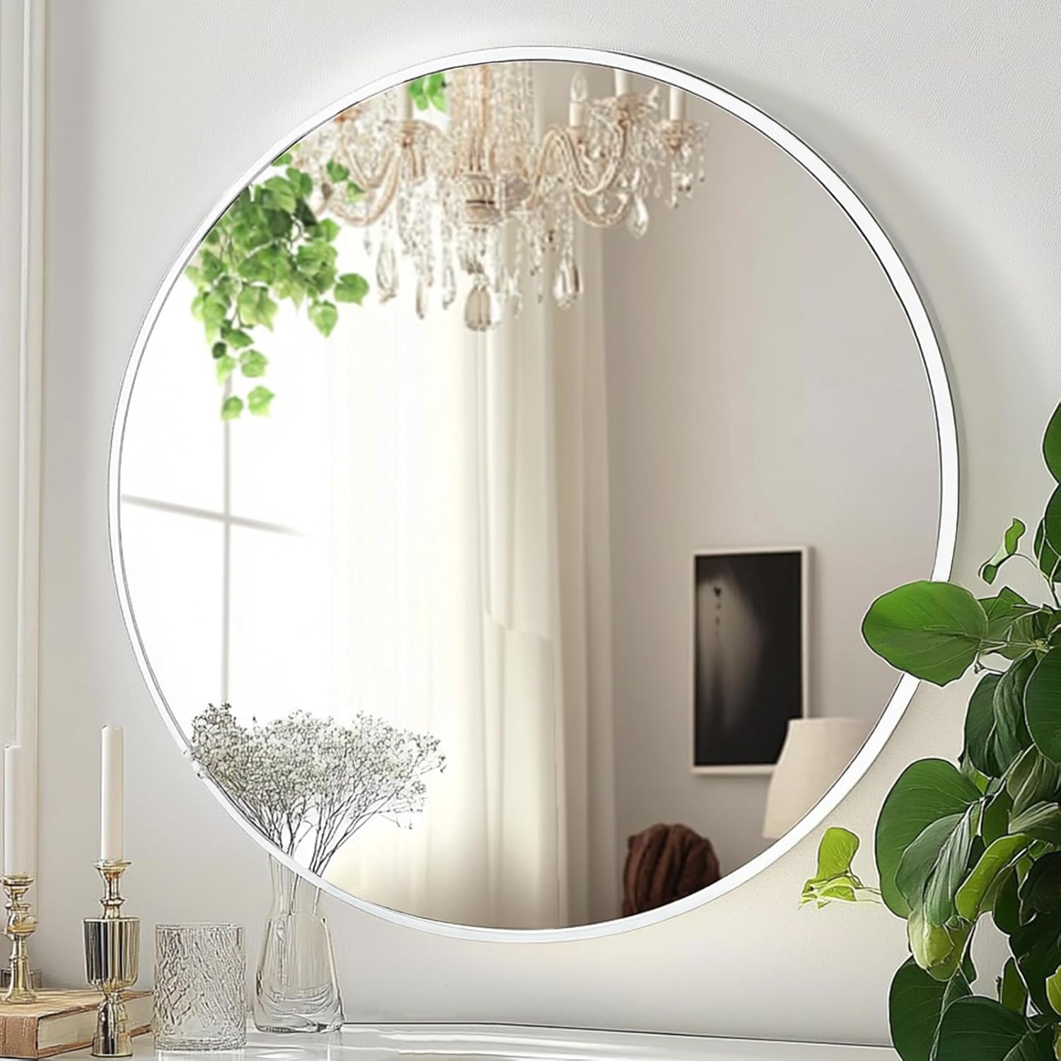 Round Black Wall Mirror — 30" — White