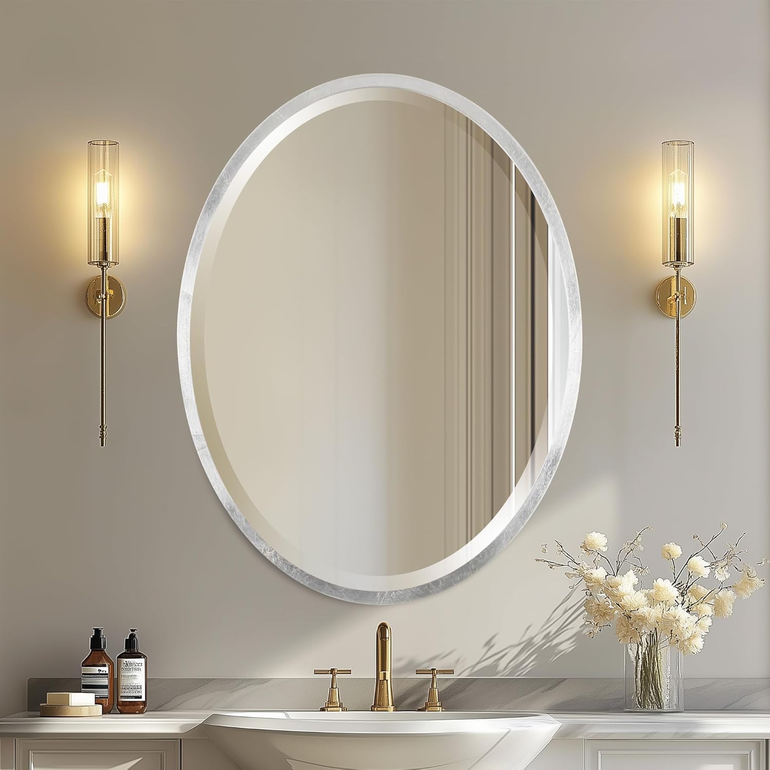 Beveled Luxe Beige Wall Mirror — 31" — Silver Leaf With Brown Antique