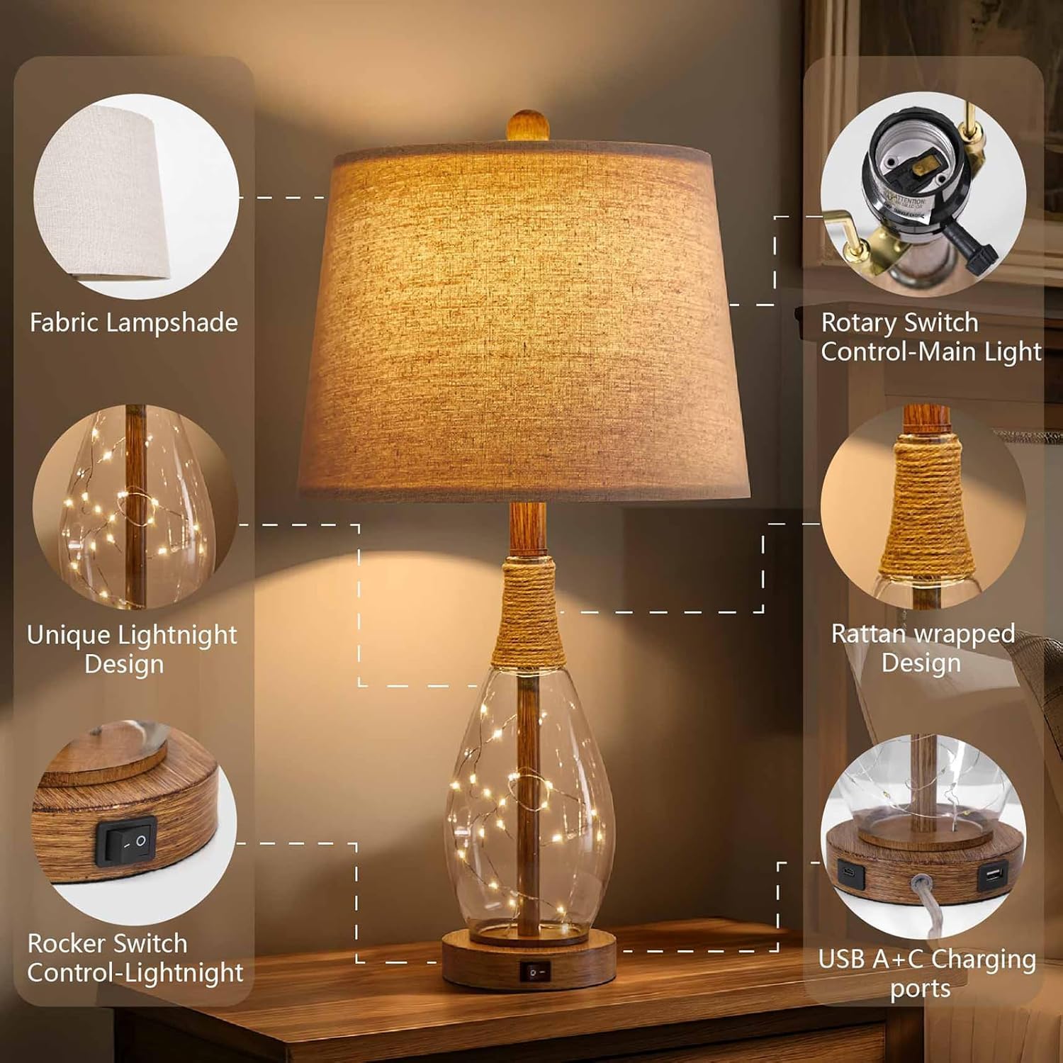 USB Boho Black Bedside Lamp — Set of 2 - View 3