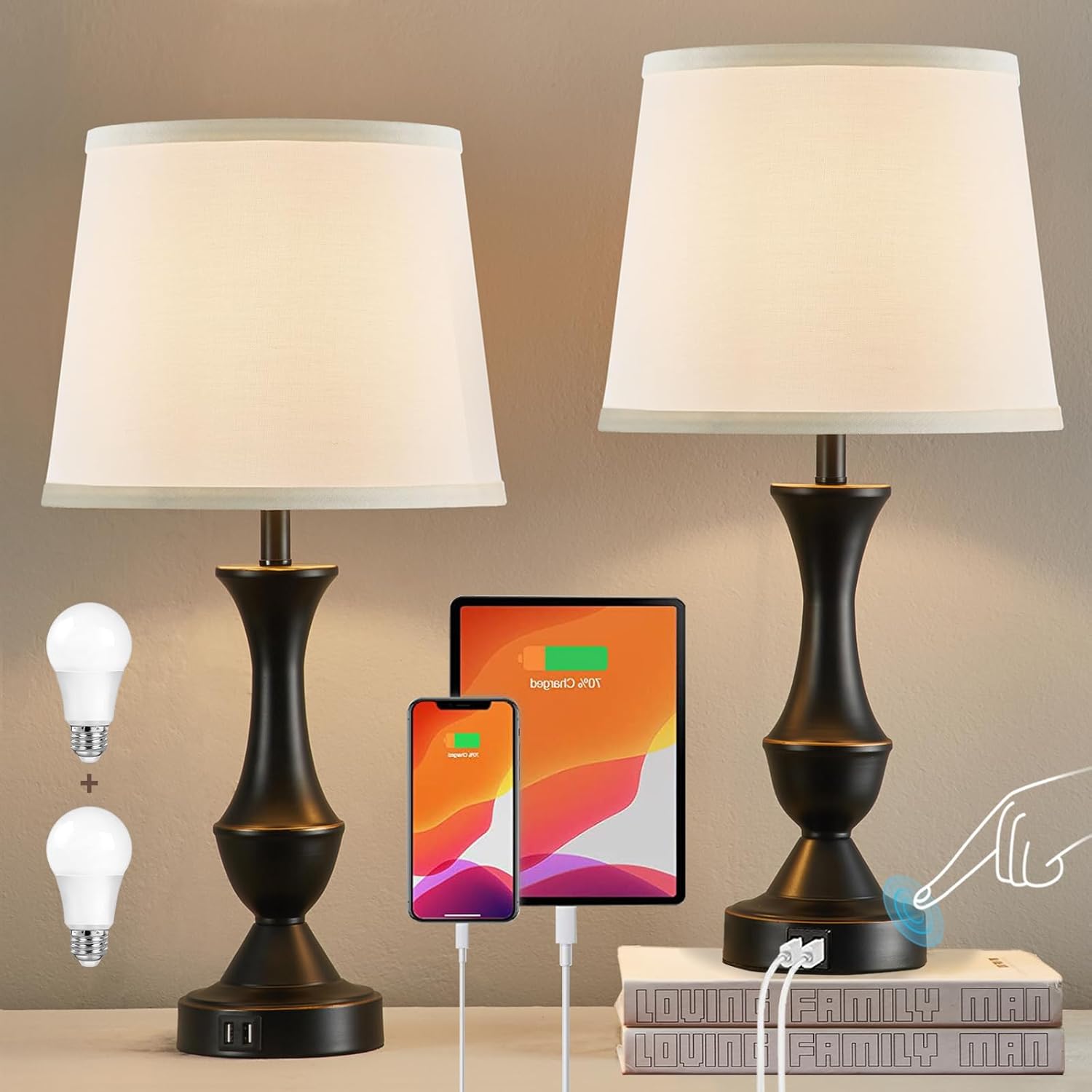 Dimmable Luxe Beige Bedside Lamp — 22" — Black, White